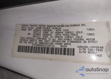 2003 Toyota Tacoma Prerunner V6 from USA, damaged, VIN 5TESN92N13Z190712